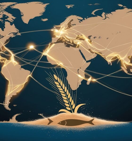 Ilustrasi editorial rantai pasokan pangan global yang terputus di sekitar wilayah Israel, menampilkan jalur dagang bercahaya yang pecah dan ikon gandum serta ikan yang memudar