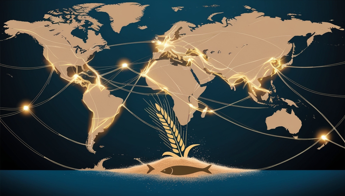 Ilustrasi editorial rantai pasokan pangan global yang terputus di sekitar wilayah Israel, menampilkan jalur dagang bercahaya yang pecah dan ikon gandum serta ikan yang memudar
