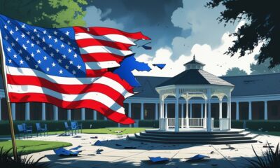 Ilustrasi editorial bendera Amerika terbelah merah dan biru di tengah kampus dengan gazebo kosong, melambangkan polarisasi politik AS dan rapuhnya demokrasi.