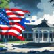 Ilustrasi editorial bendera Amerika terbelah merah dan biru di tengah kampus dengan gazebo kosong, melambangkan polarisasi politik AS dan rapuhnya demokrasi.