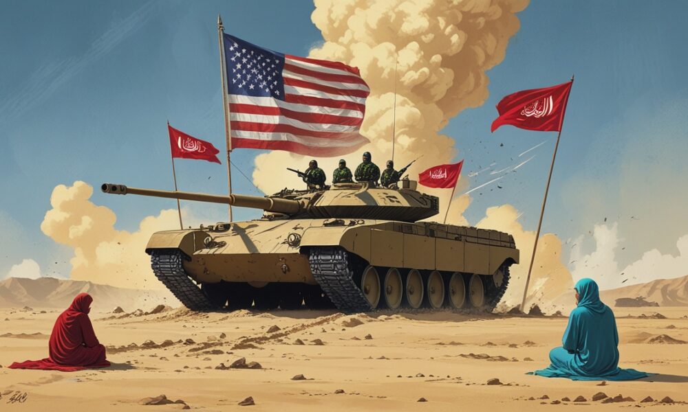 Ilustrasi editorial menunjukkan elang bermotif bendera AS menaungi peta Yaman yang retak, dengan siluet pejuang Ansarullah dan bayangan huruf AQAP yang samar.