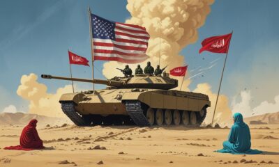 Ilustrasi editorial menunjukkan elang bermotif bendera AS menaungi peta Yaman yang retak, dengan siluet pejuang Ansarullah dan bayangan huruf AQAP yang samar.