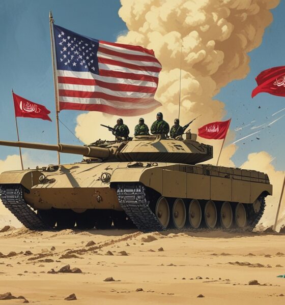 Ilustrasi editorial menunjukkan elang bermotif bendera AS menaungi peta Yaman yang retak, dengan siluet pejuang Ansarullah dan bayangan huruf AQAP yang samar.