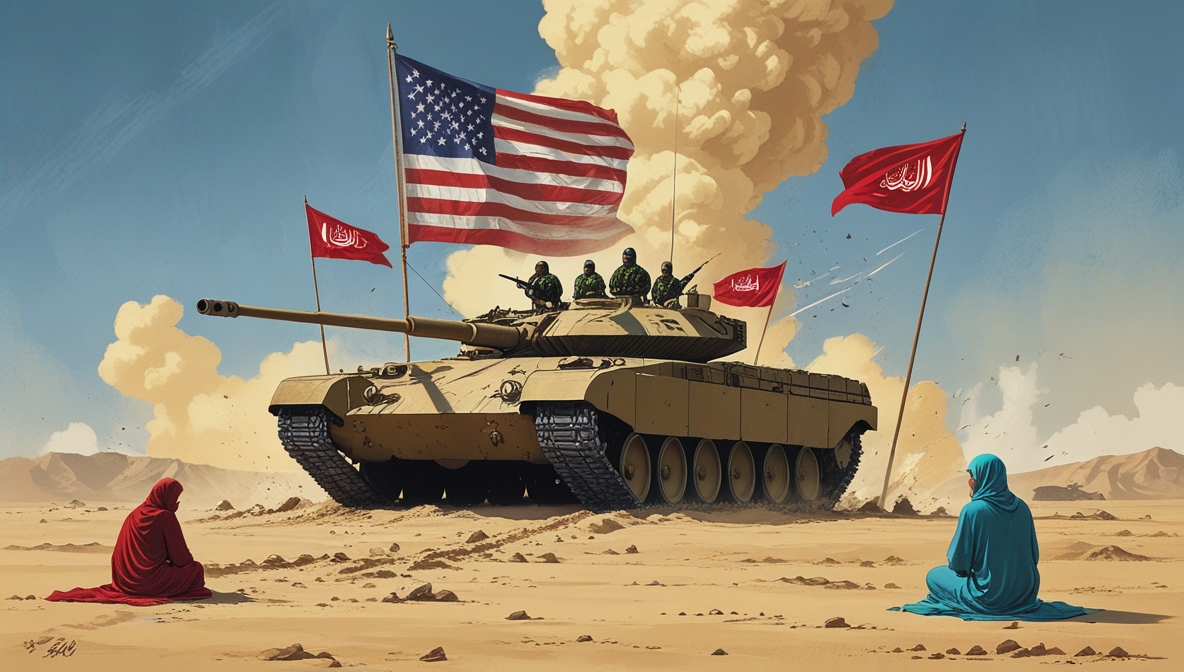 Ilustrasi editorial menunjukkan elang bermotif bendera AS menaungi peta Yaman yang retak, dengan siluet pejuang Ansarullah dan bayangan huruf AQAP yang samar.