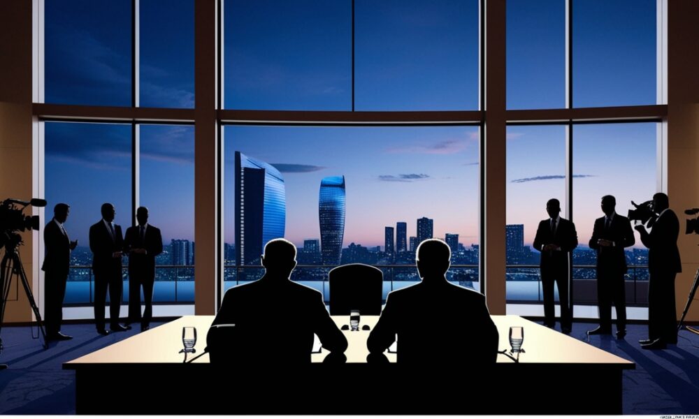 Ilustrasi realistik menampilkan siluet dua pria berjas duduk saling berhadapan di meja perundingan dengan latar jendela besar menghadap kota saat senja.