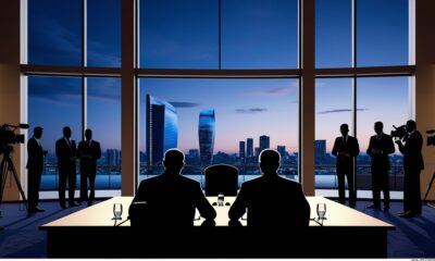 Ilustrasi realistik menampilkan siluet dua pria berjas duduk saling berhadapan di meja perundingan dengan latar jendela besar menghadap kota saat senja.