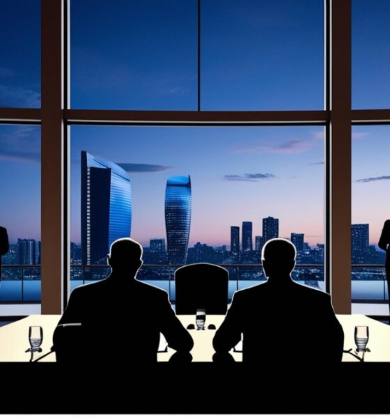 Ilustrasi realistik menampilkan siluet dua pria berjas duduk saling berhadapan di meja perundingan dengan latar jendela besar menghadap kota saat senja.