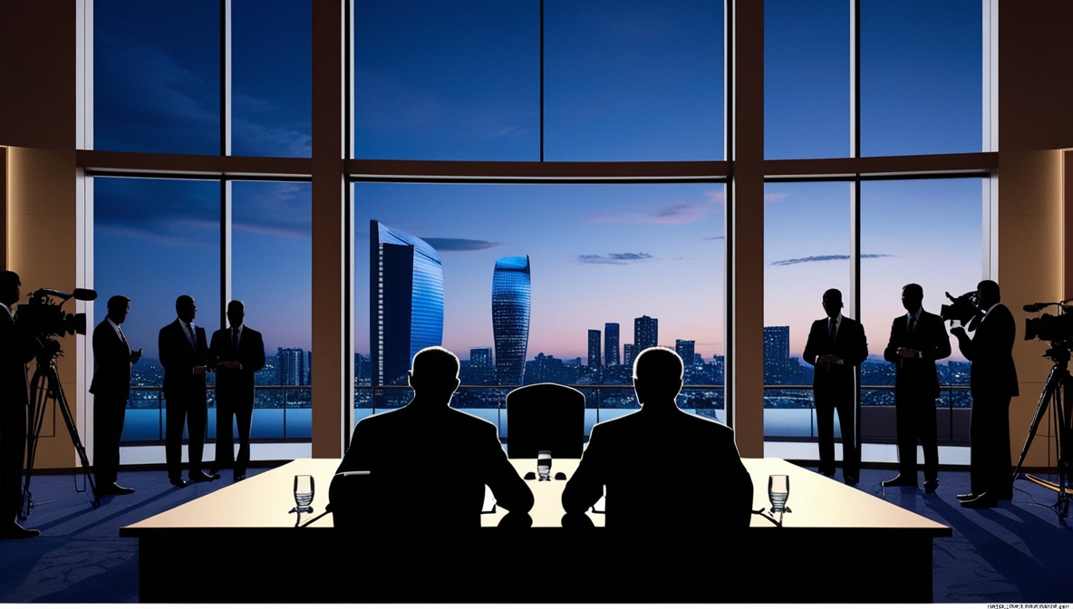 Ilustrasi realistik menampilkan siluet dua pria berjas duduk saling berhadapan di meja perundingan dengan latar jendela besar menghadap kota saat senja.