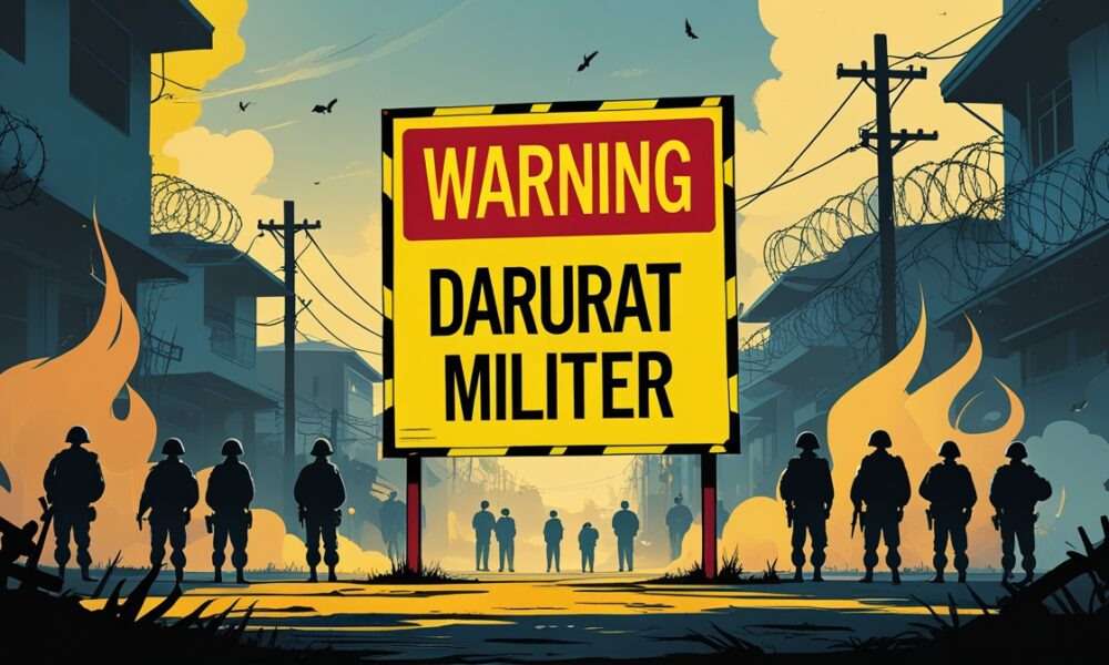 Ilustrasi simbolik darurat militer: papan besar kuning dengan tulisan merah ‘Darurat Militer’, latar kota dengan siluet tentara dan warga, dan efek asap dramatis.
