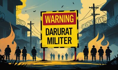 Ilustrasi simbolik darurat militer: papan besar kuning dengan tulisan merah ‘Darurat Militer’, latar kota dengan siluet tentara dan warga, dan efek asap dramatis.