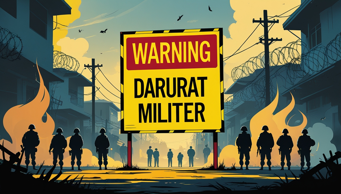 Ilustrasi simbolik darurat militer: papan besar kuning dengan tulisan merah ‘Darurat Militer’, latar kota dengan siluet tentara dan warga, dan efek asap dramatis.