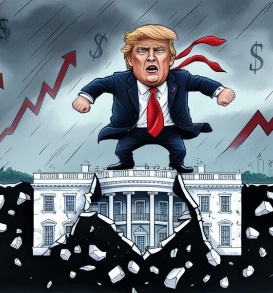 Ilustrasi editorial menunjukkan Donald Trump berdiri di atas grafik dukungan yang menurun, melambangkan krisis politik dan turunnya tingkat dukungan Trump 2025.