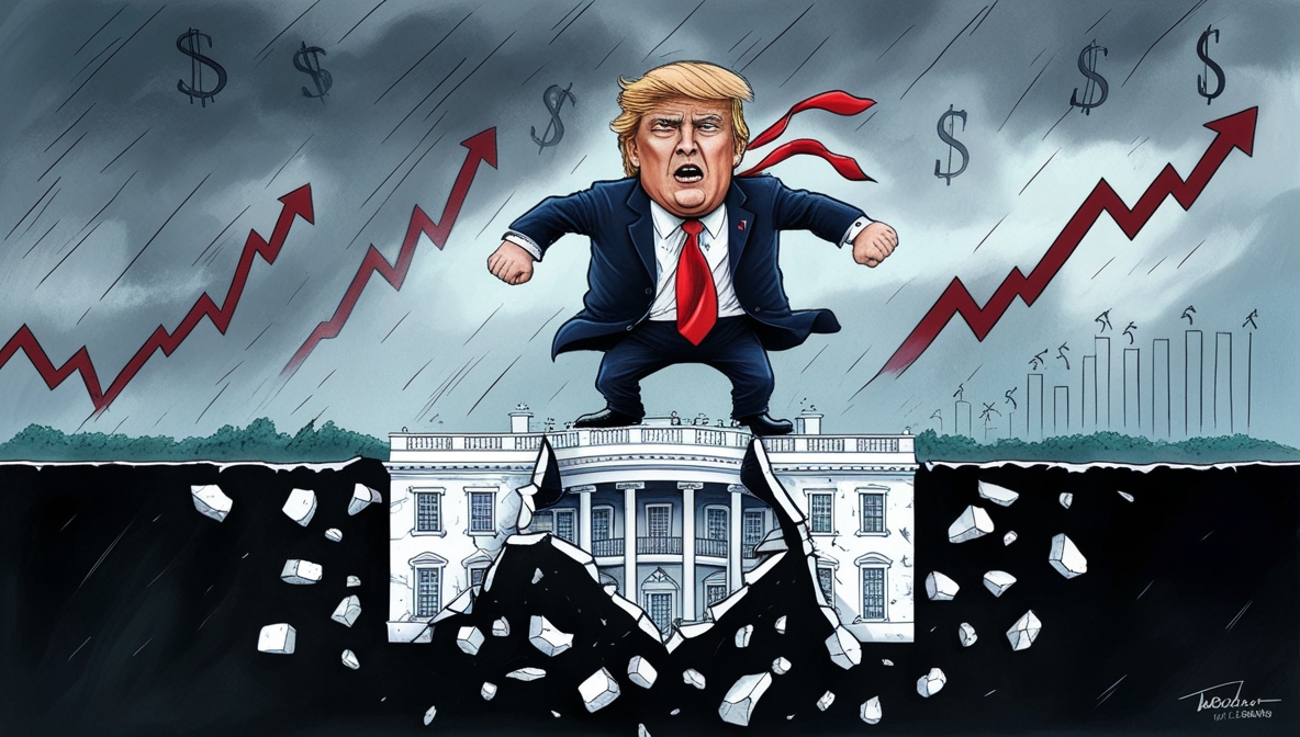 Ilustrasi editorial menunjukkan Donald Trump berdiri di atas grafik dukungan yang menurun, melambangkan krisis politik dan turunnya tingkat dukungan Trump 2025.
