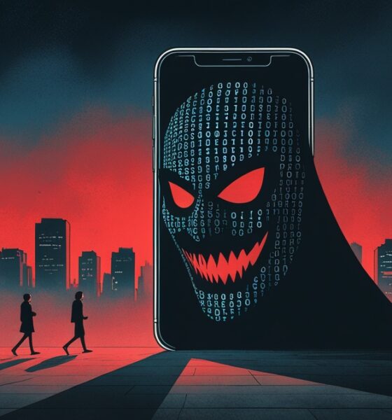 Ilustrasi editorial ponsel raksasa menebarkan bayangan berbentuk sosok mengancam, mewakili ekstremisme digital yang mengintai masyarakat