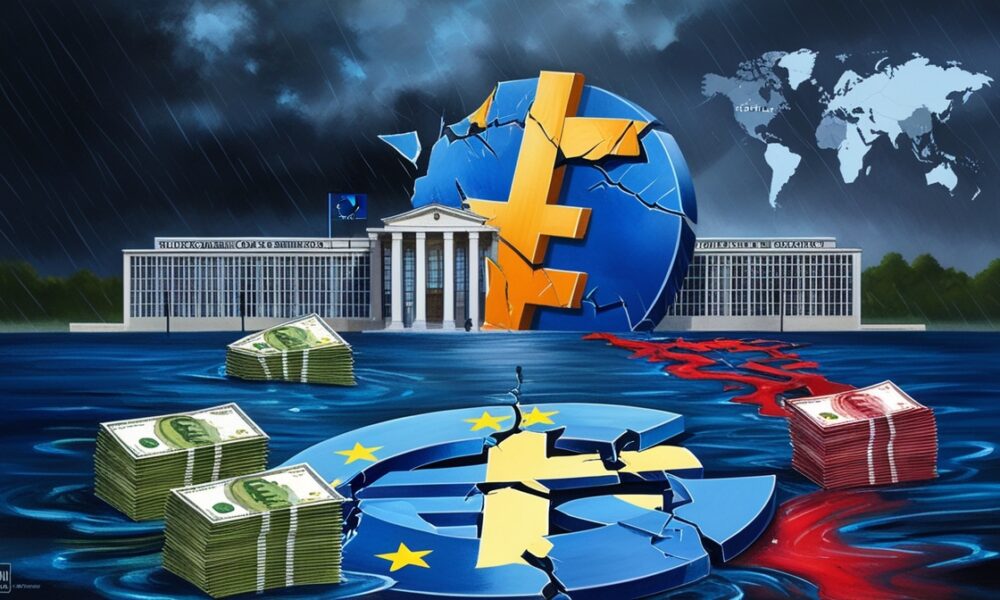 Illustration of the European Commission building with a cracked euro symbol and flowing euro banknotes tinged with red, symbolizing the EU plan to use frozen Russian assets.