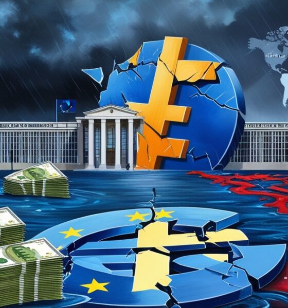 Illustration of the European Commission building with a cracked euro symbol and flowing euro banknotes tinged with red, symbolizing the EU plan to use frozen Russian assets.