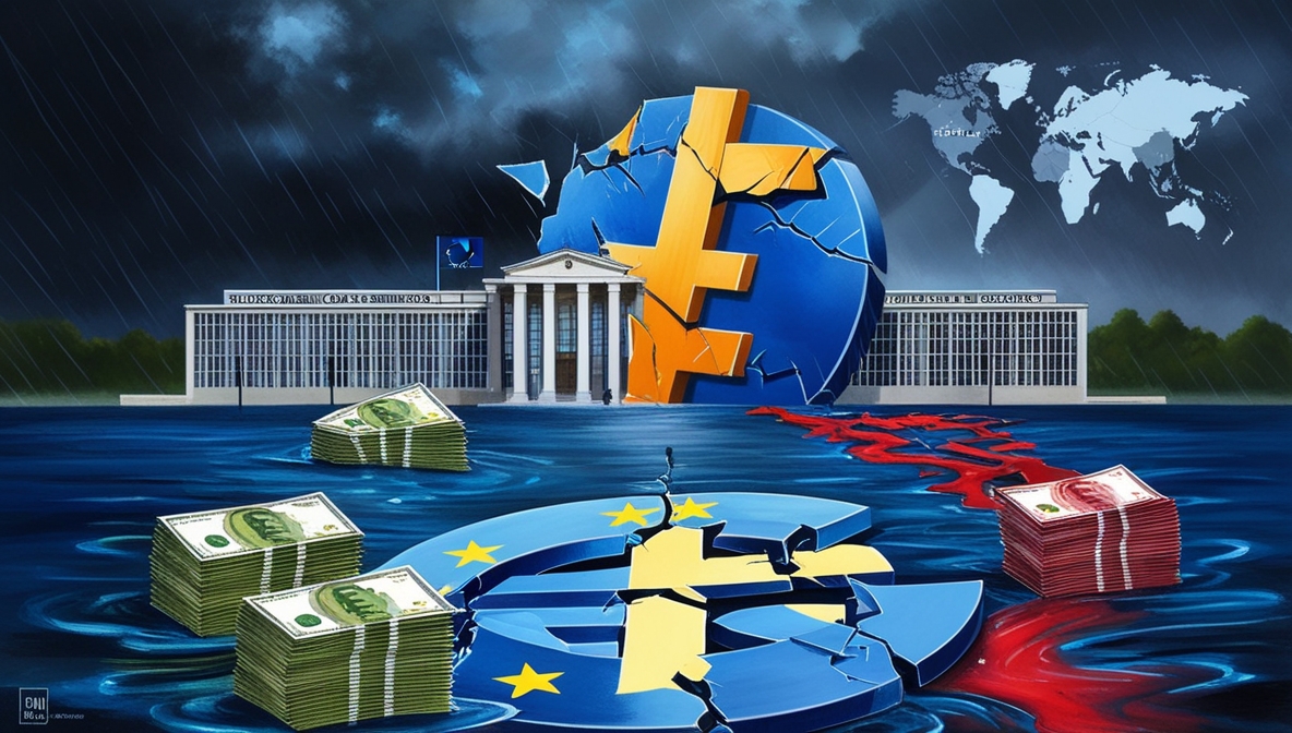Illustration of the European Commission building with a cracked euro symbol and flowing euro banknotes tinged with red, symbolizing the EU plan to use frozen Russian assets.