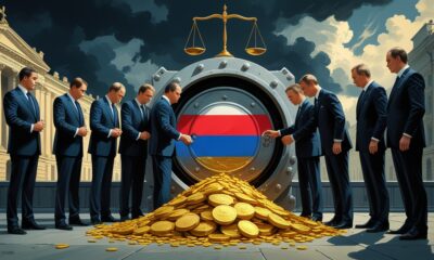 Ilustrasi editorial bergaya lukisan satir menampilkan sekelompok politisi Eropa berjas rapi membuka brankas raksasa berhias bendera Rusia, sementara koin emas dan dokumen berhamburan; latar belakang gedung klasik Eropa diselimuti awan gelap dan timbangan keadilan tampak miring samar di bayangan.