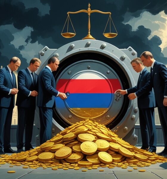 Ilustrasi editorial bergaya lukisan satir menampilkan sekelompok politisi Eropa berjas rapi membuka brankas raksasa berhias bendera Rusia, sementara koin emas dan dokumen berhamburan; latar belakang gedung klasik Eropa diselimuti awan gelap dan timbangan keadilan tampak miring samar di bayangan.