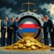 Ilustrasi editorial bergaya lukisan satir menampilkan sekelompok politisi Eropa berjas rapi membuka brankas raksasa berhias bendera Rusia, sementara koin emas dan dokumen berhamburan; latar belakang gedung klasik Eropa diselimuti awan gelap dan timbangan keadilan tampak miring samar di bayangan.