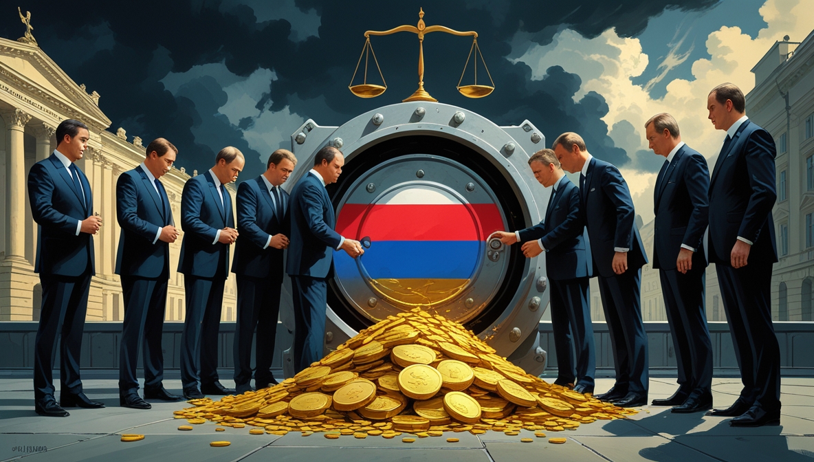 Ilustrasi editorial bergaya lukisan satir menampilkan sekelompok politisi Eropa berjas rapi membuka brankas raksasa berhias bendera Rusia, sementara koin emas dan dokumen berhamburan; latar belakang gedung klasik Eropa diselimuti awan gelap dan timbangan keadilan tampak miring samar di bayangan.