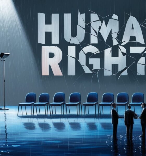 Ilustrasi simbolis panggung debat kosong dengan tulisan “HUMAN RIGHTS” retak dan aktivis bayangan di bawah hujan.