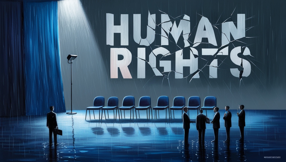 Ilustrasi simbolis panggung debat kosong dengan tulisan “HUMAN RIGHTS” retak dan aktivis bayangan di bawah hujan.