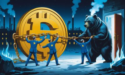 Ilustrasi satir: koin euro emas terikat ke katup gas berbentuk beruang Rusia, para pemimpin UE menarik dan diam-diam mengikat rantai.