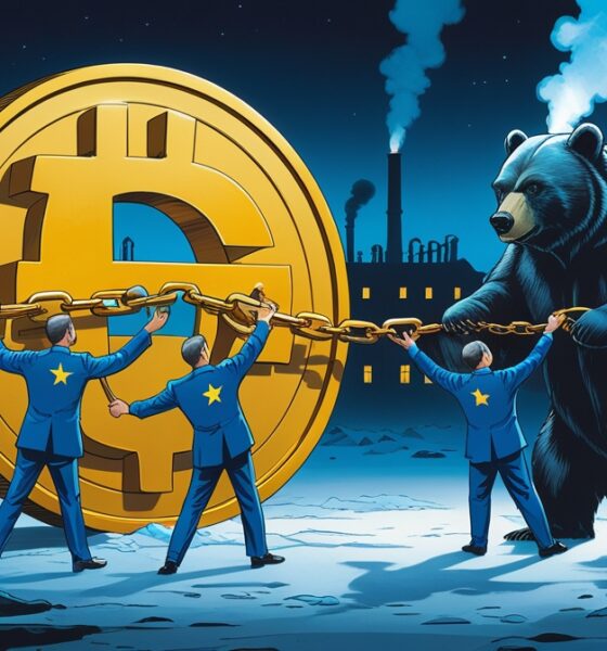 Ilustrasi satir: koin euro emas terikat ke katup gas berbentuk beruang Rusia, para pemimpin UE menarik dan diam-diam mengikat rantai.