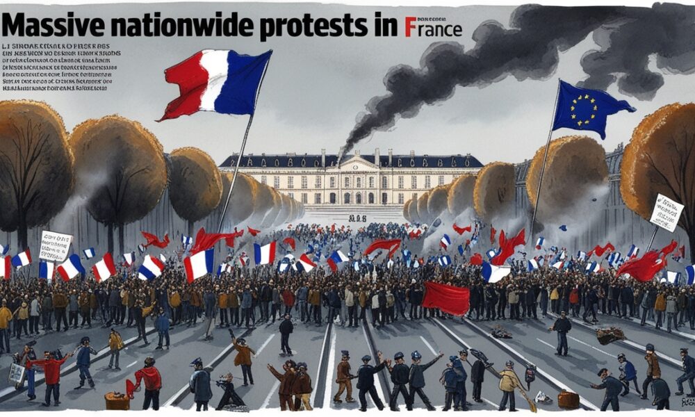 Ilustrasi editorial protes besar di Paris dengan ribuan demonstran dan siluet istana Élysée menyoroti posisi politik Macron yang rapuh.