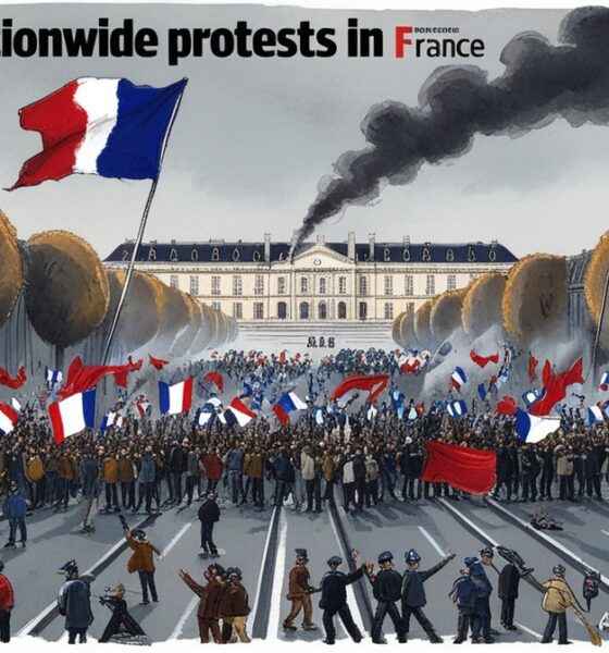 Ilustrasi editorial protes besar di Paris dengan ribuan demonstran dan siluet istana Élysée menyoroti posisi politik Macron yang rapuh.