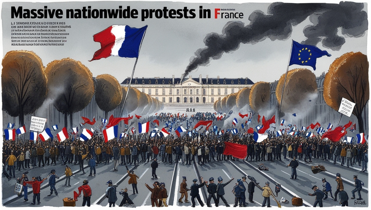 Ilustrasi editorial protes besar di Paris dengan ribuan demonstran dan siluet istana Élysée menyoroti posisi politik Macron yang rapuh.