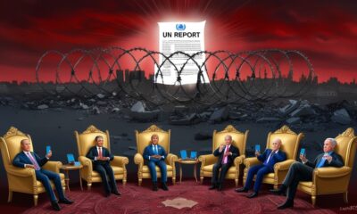 Dark satirical illustration showing Gaza in ruins under a blood-red sky, a glowing UN report blocked by barbed wire, while world leaders stare at their phones in indifference.