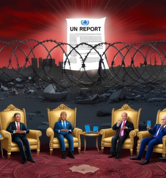 Dark satirical illustration showing Gaza in ruins under a blood-red sky, a glowing UN report blocked by barbed wire, while world leaders stare at their phones in indifference.