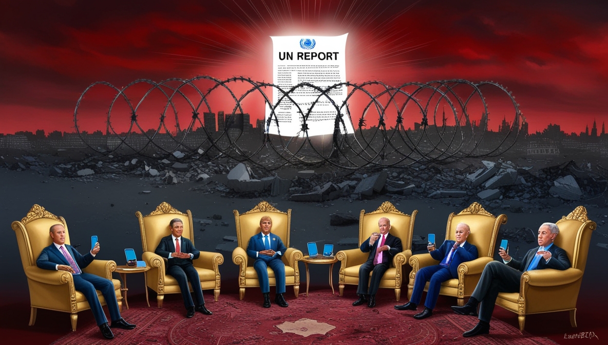 Dark satirical illustration showing Gaza in ruins under a blood-red sky, a glowing UN report blocked by barbed wire, while world leaders stare at their phones in indifference.