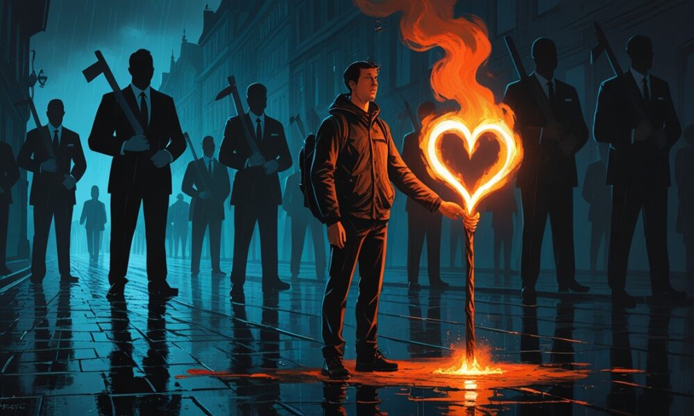 Ilustrasi editorial seorang demonstran berdiri tegak di jalanan basah malam hari, memegang obor berbentuk hati yang memancarkan cahaya hangat, sementara bayangan besar para politisi bersenjata kertas dan uang menjulang di belakangnya.