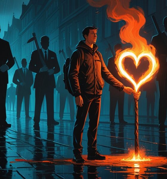 Ilustrasi editorial seorang demonstran berdiri tegak di jalanan basah malam hari, memegang obor berbentuk hati yang memancarkan cahaya hangat, sementara bayangan besar para politisi bersenjata kertas dan uang menjulang di belakangnya.