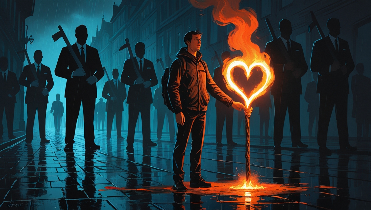Ilustrasi editorial seorang demonstran berdiri tegak di jalanan basah malam hari, memegang obor berbentuk hati yang memancarkan cahaya hangat, sementara bayangan besar para politisi bersenjata kertas dan uang menjulang di belakangnya.