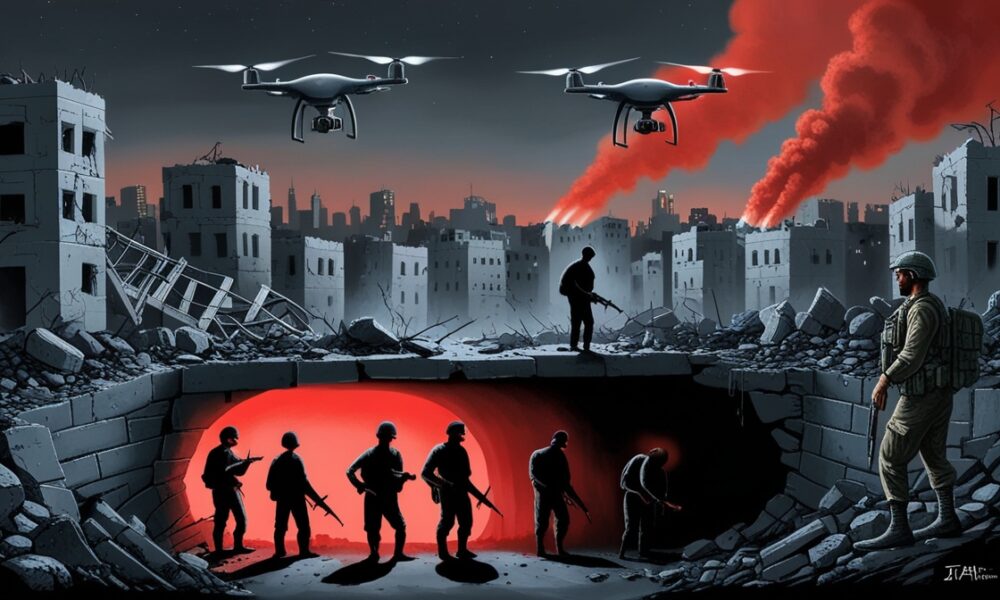 Ilustrasi editorial kota Gaza hancur di malam hari dengan langit merah-oranye, pejuang Palestina berdiri di terowongan bawah tanah, sementara tentara Israel kebingungan di antara reruntuhan.