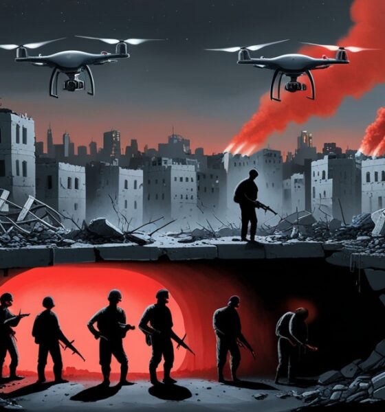 Ilustrasi editorial kota Gaza hancur di malam hari dengan langit merah-oranye, pejuang Palestina berdiri di terowongan bawah tanah, sementara tentara Israel kebingungan di antara reruntuhan.