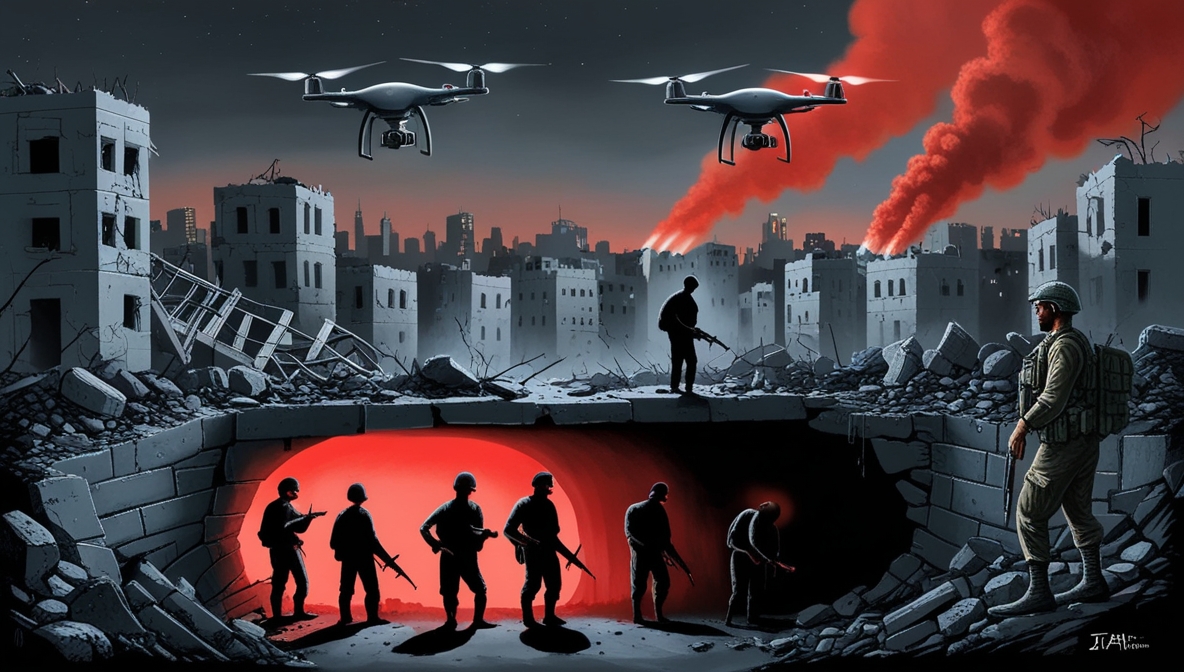 Ilustrasi editorial kota Gaza hancur di malam hari dengan langit merah-oranye, pejuang Palestina berdiri di terowongan bawah tanah, sementara tentara Israel kebingungan di antara reruntuhan.