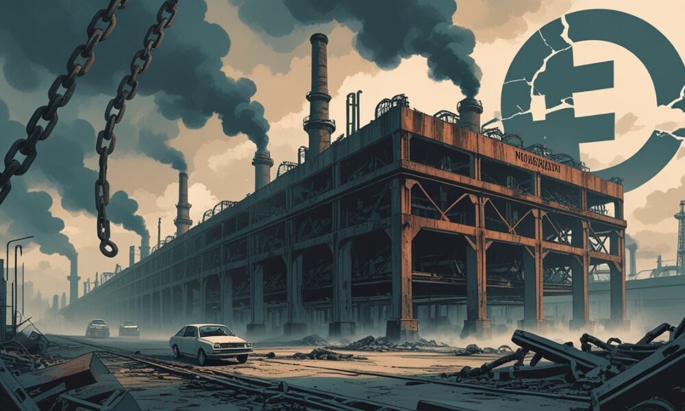 Ilustrasi pabrik otomotif Jerman tua berkarat dengan rantai besi putus dan langit kelabu, melambangkan krisis industri Jerman yang terpuruk