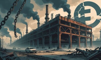 Ilustrasi pabrik otomotif Jerman tua berkarat dengan rantai besi putus dan langit kelabu, melambangkan krisis industri Jerman yang terpuruk