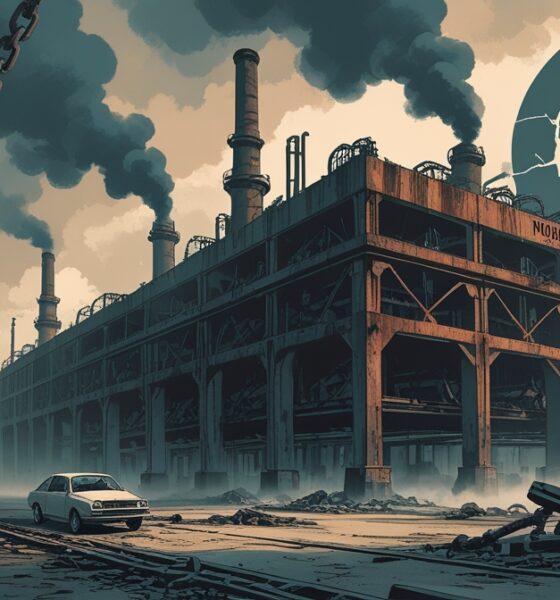 Ilustrasi pabrik otomotif Jerman tua berkarat dengan rantai besi putus dan langit kelabu, melambangkan krisis industri Jerman yang terpuruk