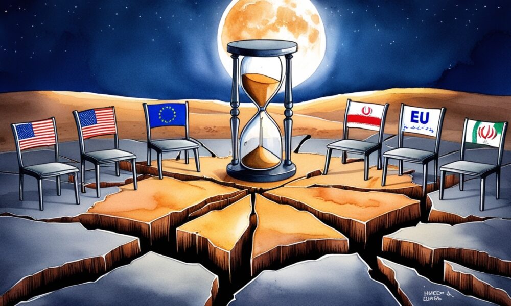 Cracked negotiation table with country flags and an almost empty hourglass, symbolizing the Iran nuclear talks stalemate