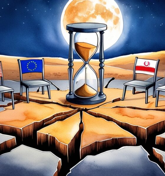 Cracked negotiation table with country flags and an almost empty hourglass, symbolizing the Iran nuclear talks stalemate