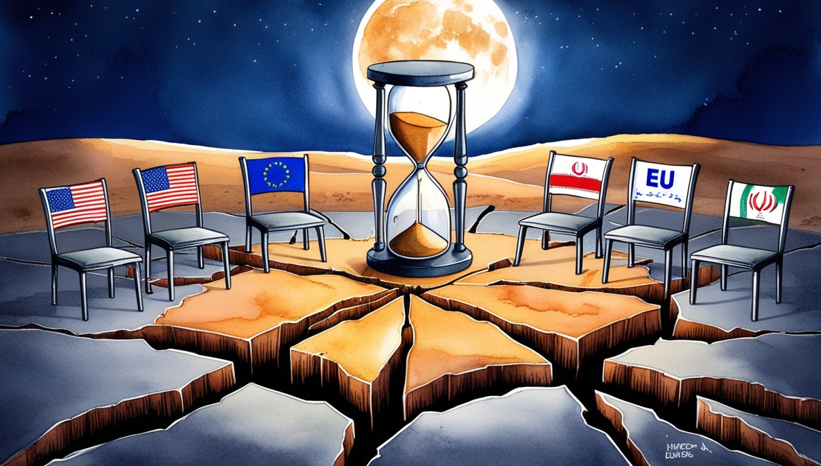 Cracked negotiation table with country flags and an almost empty hourglass, symbolizing the Iran nuclear talks stalemate