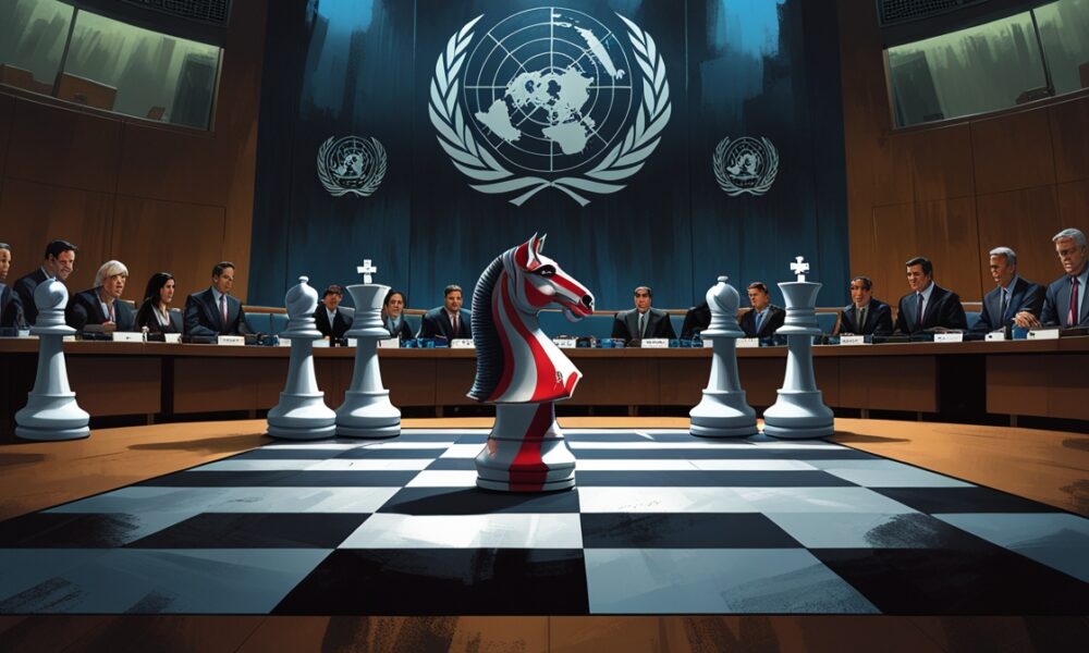 Ilustrasi papan catur raksasa dengan kuda bercorak bendera Iran berhenti di tengah langkah, menandakan strategi diplomatik Iran menekan Barat