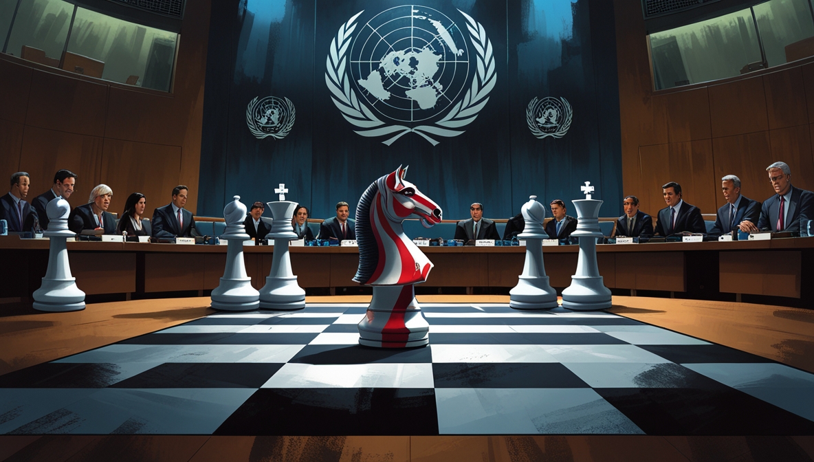 Ilustrasi papan catur raksasa dengan kuda bercorak bendera Iran berhenti di tengah langkah, menandakan strategi diplomatik Iran menekan Barat