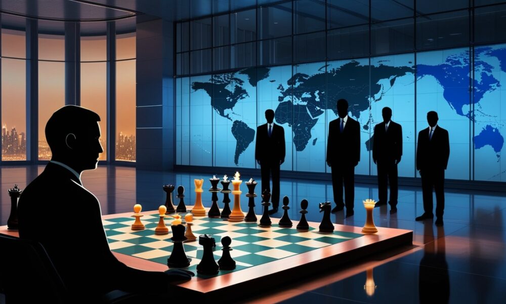 Ilustrasi realistik menampilkan siluet negosiator Iran dengan pin bercahaya warna bendera Iran di depan papan catur raksasa, dikelilingi siluet perwakilan AS, Eropa, Rusia, dan Tiongkok yang dibedakan dengan pantulan warna bendera masing-masing.